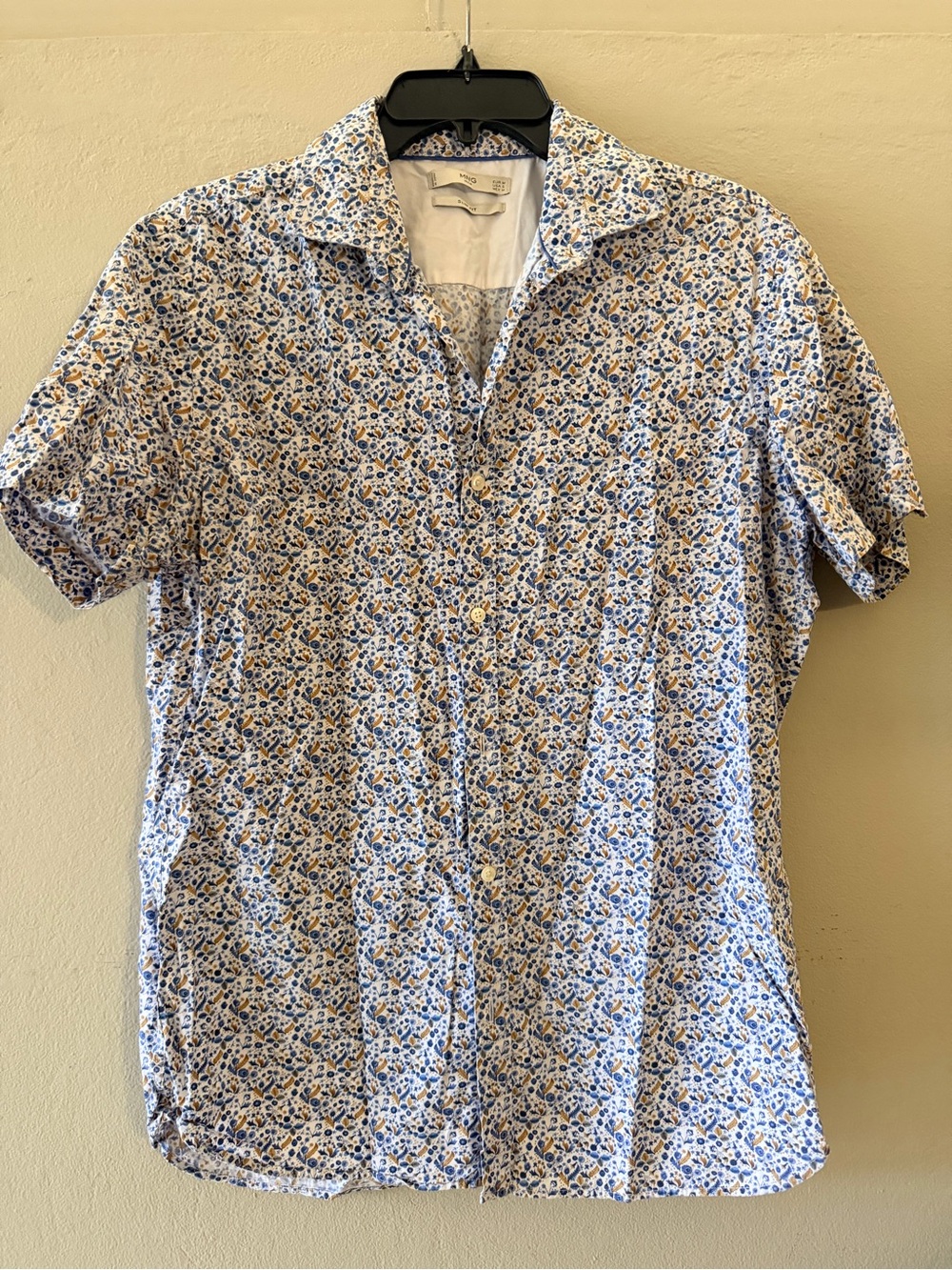 Mango Short-Sleeve Button-Down Shirt in White, Blue & Tan Floral